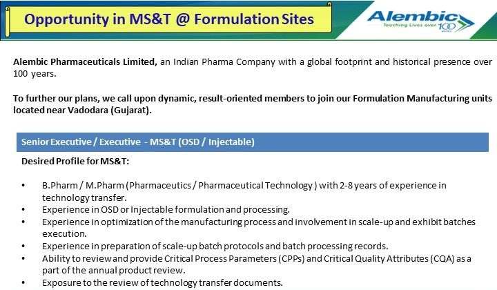Alembic Pharmaceuticals Ltd – Hiring Senior Executive / Executive (MS&T – OSD / Injectable) ||