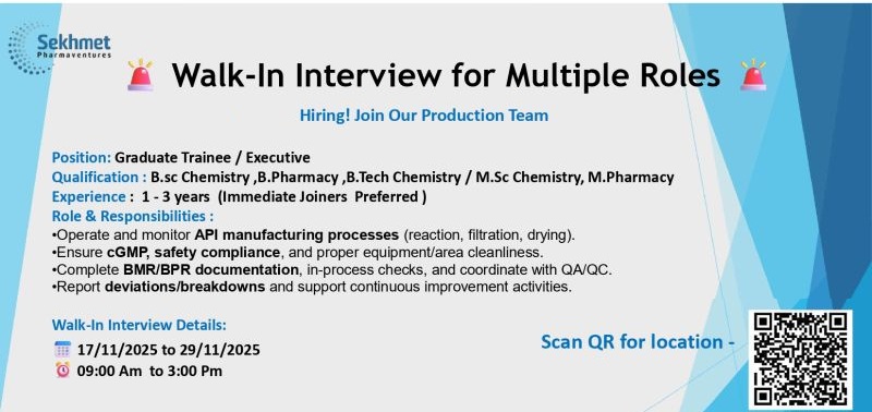Sekhmet Pharmaventures – Walk-In Interview for Multiple Roles on 17/11/2025 to 29/11/2025