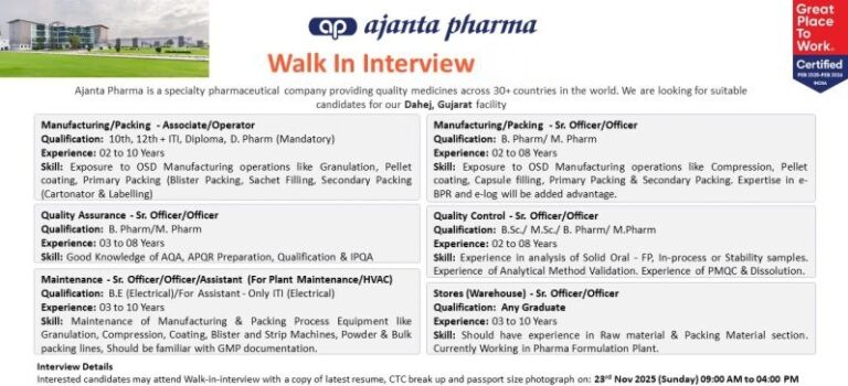 Ajanta Pharma – Walk-In Interview For Manufacturing / Packing / QA / QC / Maintenance & Stores (Warehouse) on 23rd November 2025