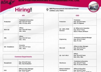 BDR Pharmaceuticals International – Hiring for multiple departments including Production, QA, QC, Engineering, ADL, EHS & Warehouse |