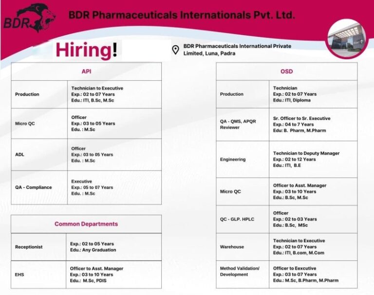 BDR Pharmaceuticals International – Hiring for multiple departments including Production, QA, QC, Engineering, ADL, EHS & Warehouse |