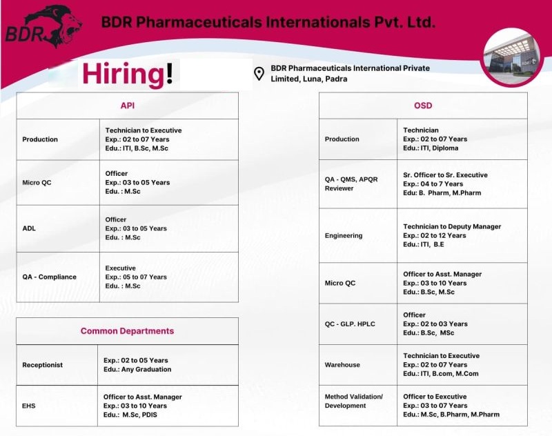 BDR Pharmaceuticals International – Hiring for multiple departments including Production, QA, QC, Engineering, ADL, EHS & Warehouse |