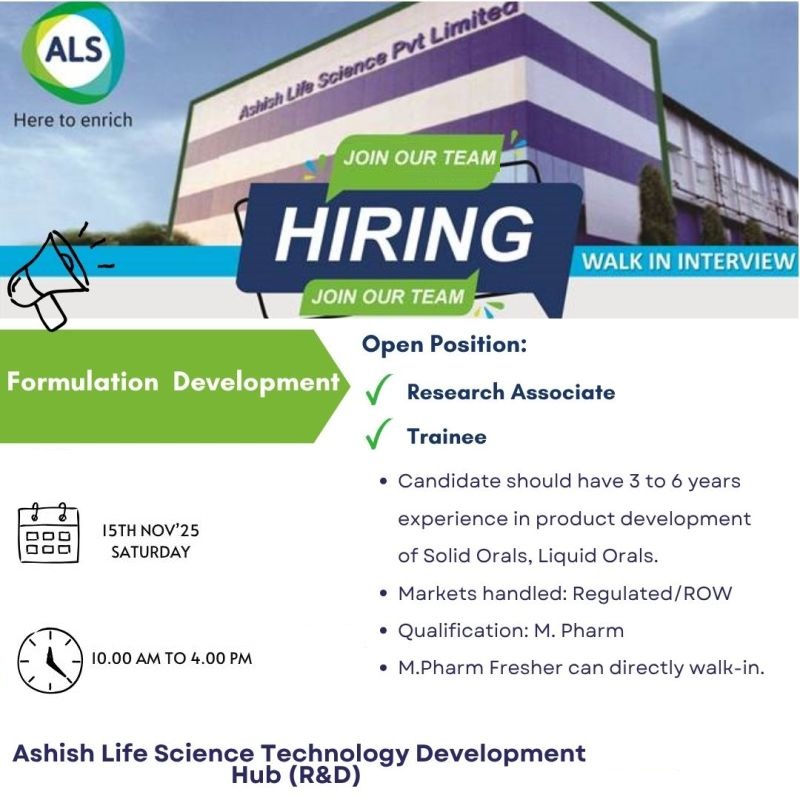 Ashish Life Science Pvt. Ltd. – Walk-In Interview for Freshers on 15th November 2025