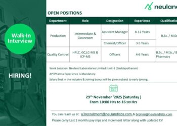 Neuland Laboratories – Walk-in Interview for Production & Quality Control Departments on 29th November 2025