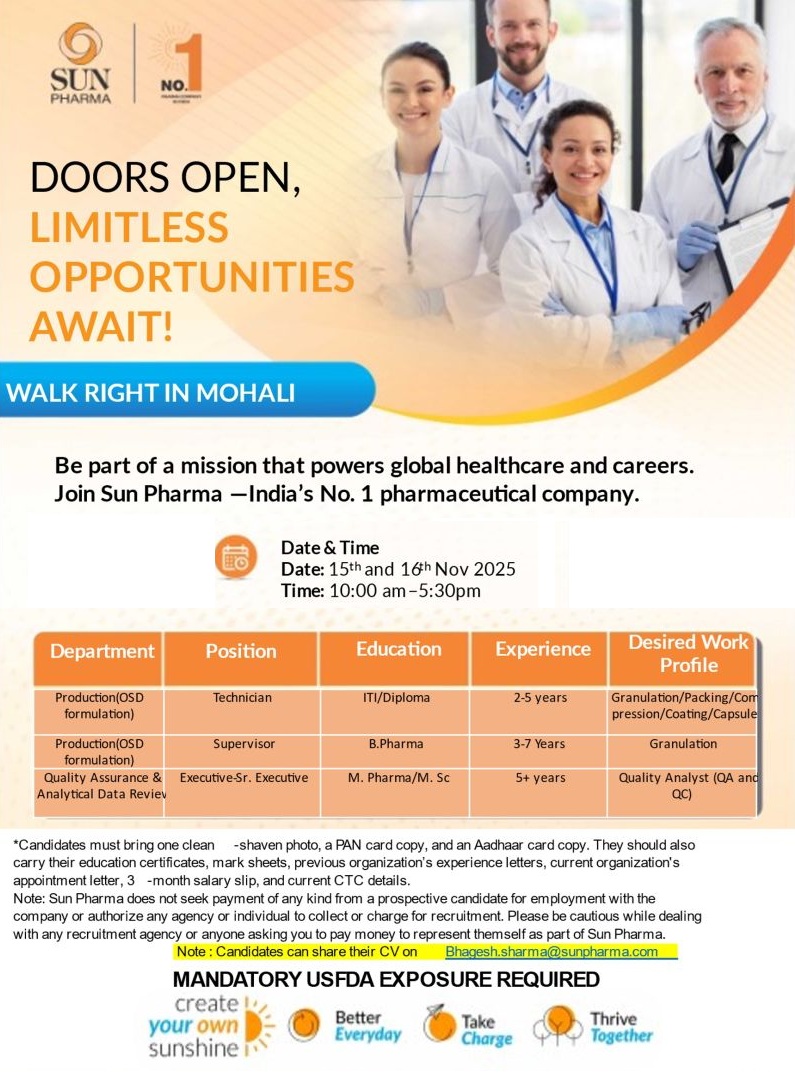 Sun Pharma – Walk-In Interview for Multiple Departments on 15th & 16th November 2025