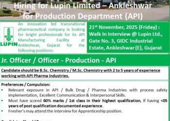 Lupin Limited – Walk-in Interview for Production Department (API) on 21st November 2025