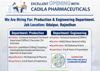 Cadila Pharmaceuticals – Walk-In Interview For Production & Engineering Departments on 07 December 2025