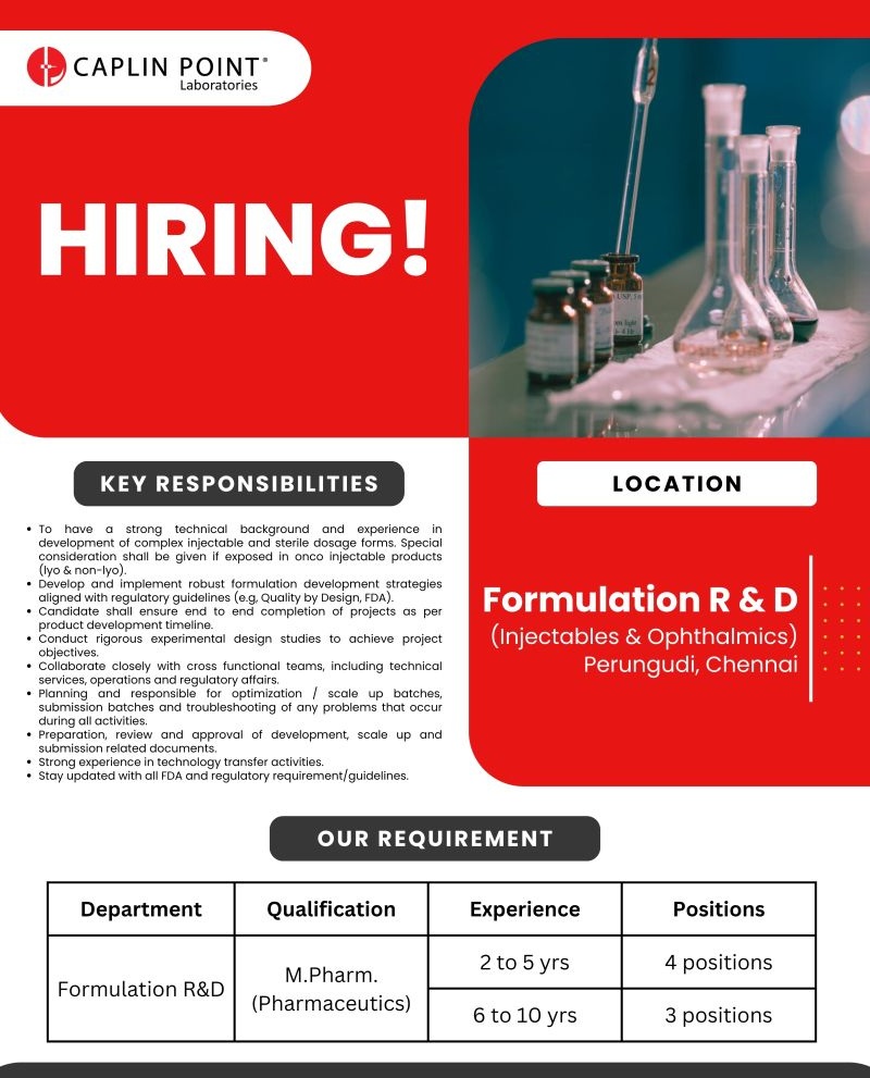 Caplin Point Laboratories Ltd – Hiring for formulation R&D (Injectables & Ophthalmics) || Apply Now