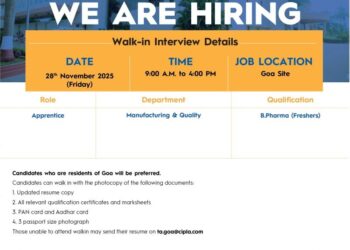 Cipla Ltd – Walk-In Interview for Apprentice (Manufacturing & Quality) on 28th November 2025