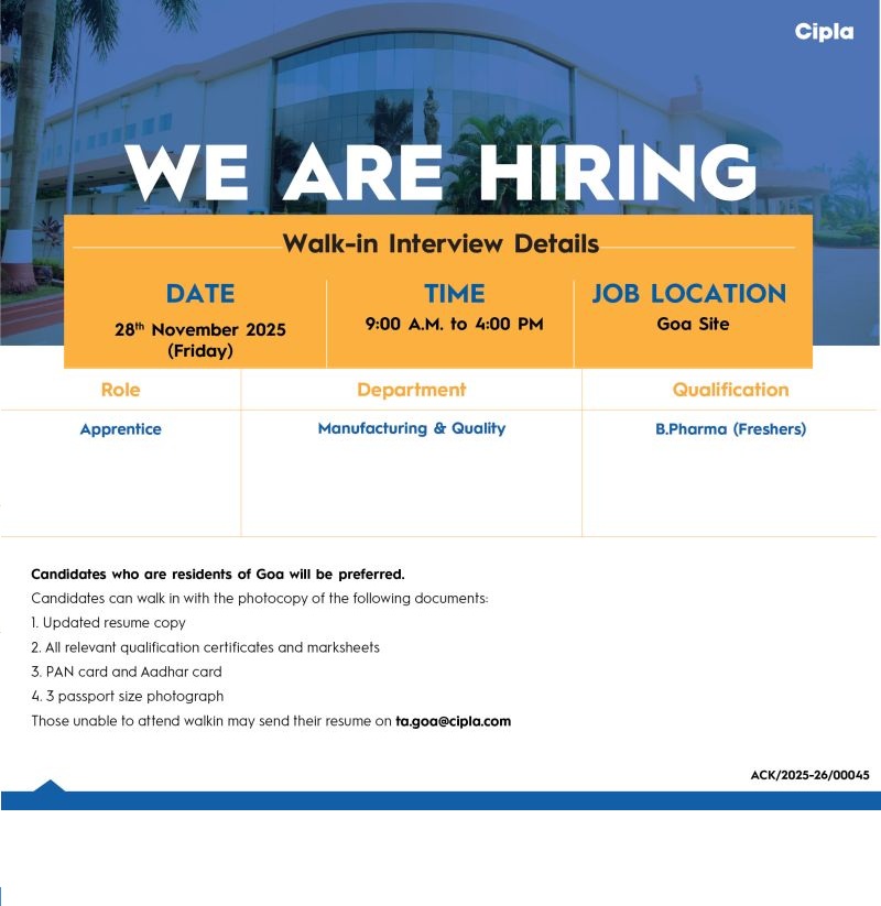 Cipla Ltd – Walk-In Interview for Apprentice (Manufacturing & Quality) on 28th November 2025