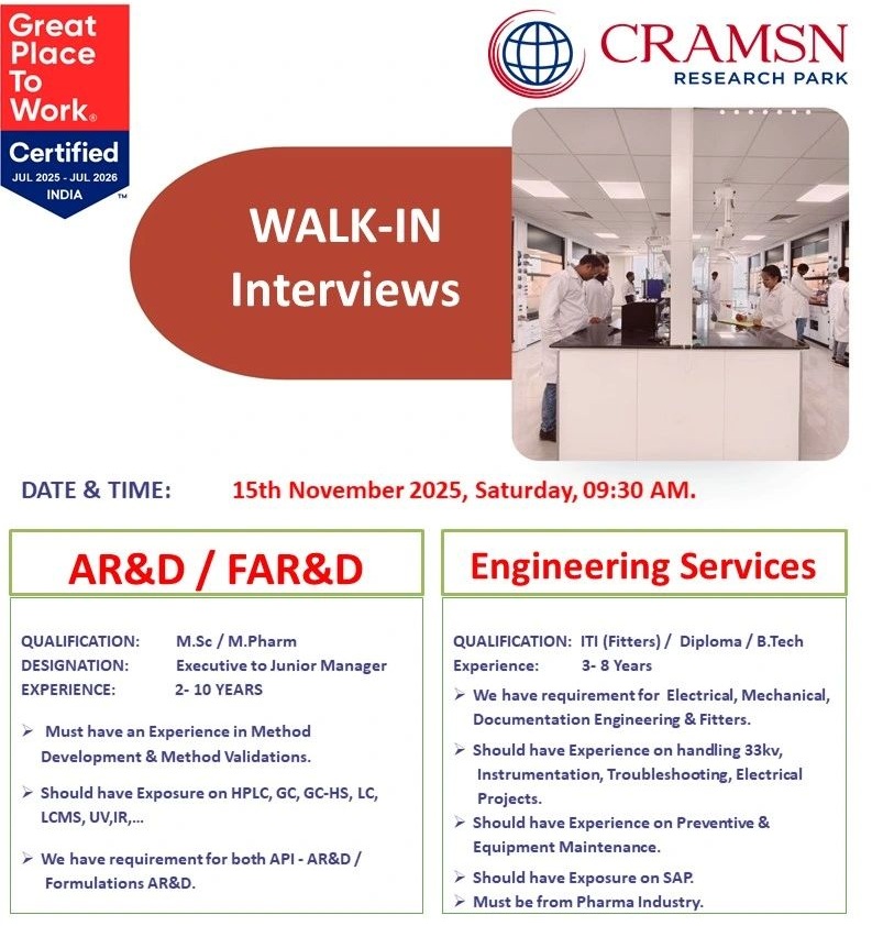 CRAMSN Research Park – Walk-In Interviews for AR&D / FAR&D & Engineering Services Departments on 15th November 2025