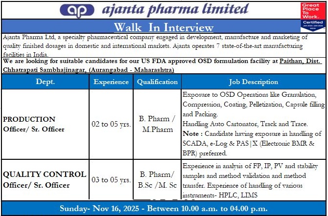 Ajanta Pharma Limited – Walk-In Interview for Production & Quality Control Departments on 16th November 2025