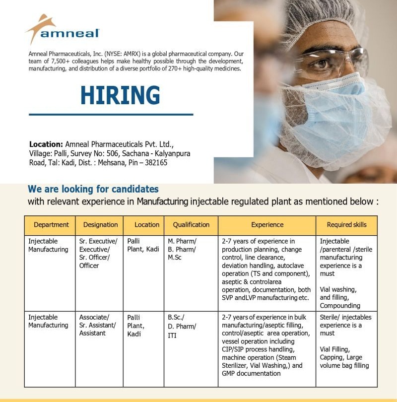 Amneal Pharmaceuticals Pvt. Ltd – Hiring for Injectable Manufacturing |