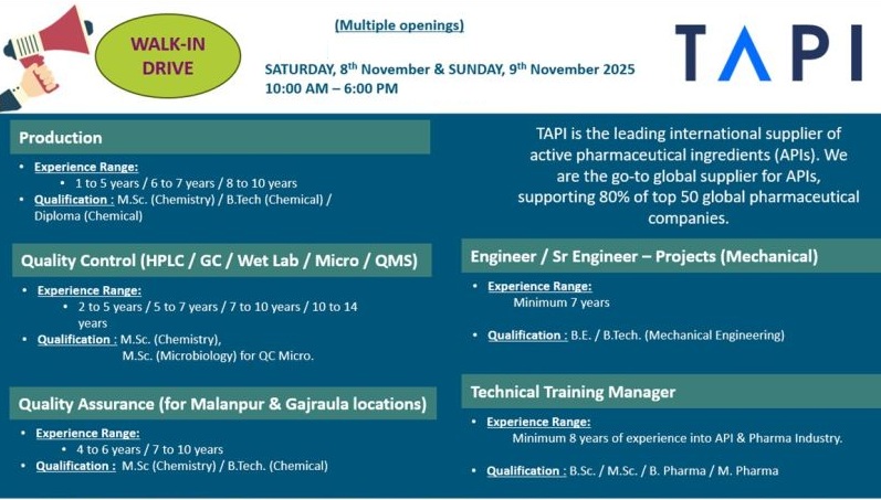 TAPI – Walk-in Drive for Multiple Openings for Experienced Candidates on 8th November & Sunday, 9th November 2025