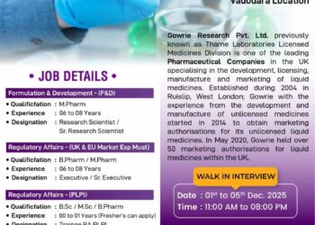Gowrie Research Pvt. Ltd. – Walk-In Interview for Multiple R&D & RA Positions on 01 to 05 December 2025