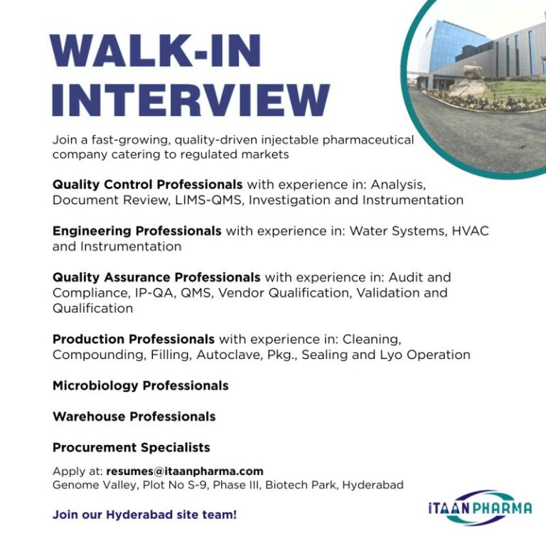 Itaan Pharma Pvt Ltd – Walk-in Interviews for Multiple Departments on 29th & 30th November 2025