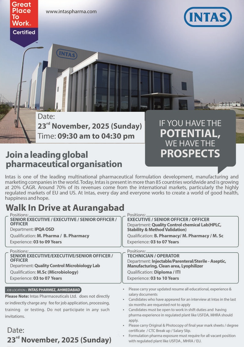 Intas Pharmaceuticals – Walk-in Drive Production, QA & QC on 23rd November 2025