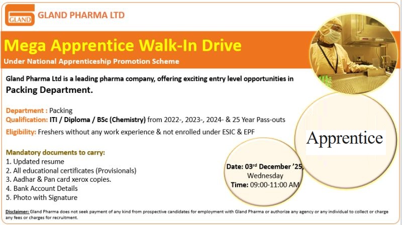 Gland Pharma Ltd – Mega Apprentice Walk-In Drive on 3rd December 2025