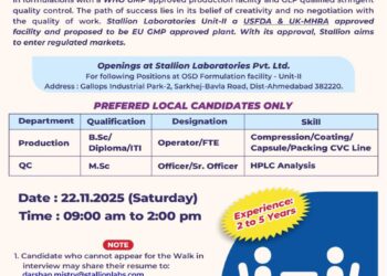 Stallion Laboratories Pvt. Ltd. – Walk-in Interview for Multiple Department on 22nd November 2025