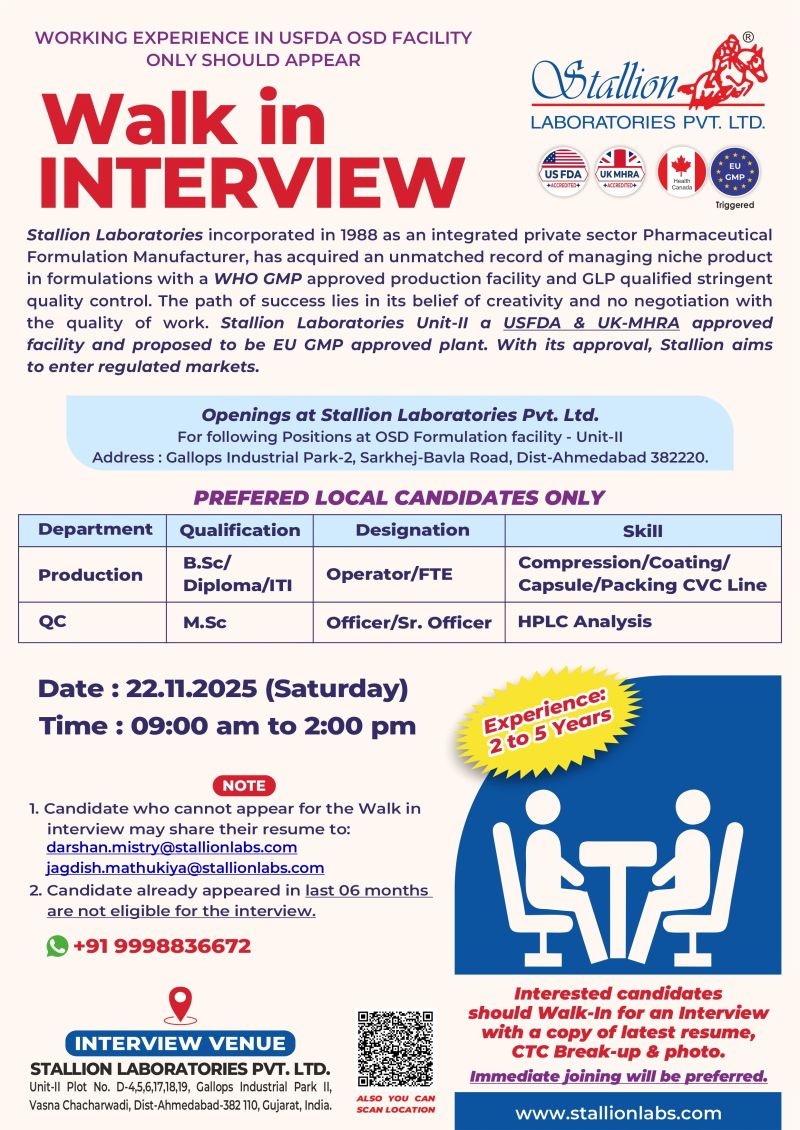Stallion Laboratories Pvt. Ltd. – Walk-in Interview for Multiple Department on 22nd November 2025