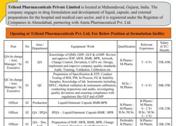 Trilend Pharmaceuticals – Walk-In Interview for QA, QC, Production, Engineering & Packing Departments on 1st to 5th December 2025