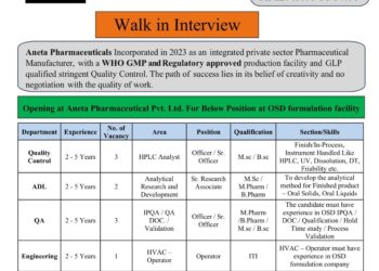 Aneta Pharmaceuticals Pvt. Ltd. – Walk-In Interview for Multiple Departments on 9th November 2025