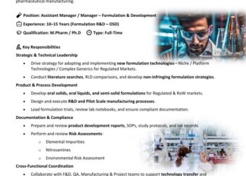 Aneta Pharmaceuticals Pvt. Ltd – Hiring for Assistant Manager / Manager (Formulation R&D – OSD) ||