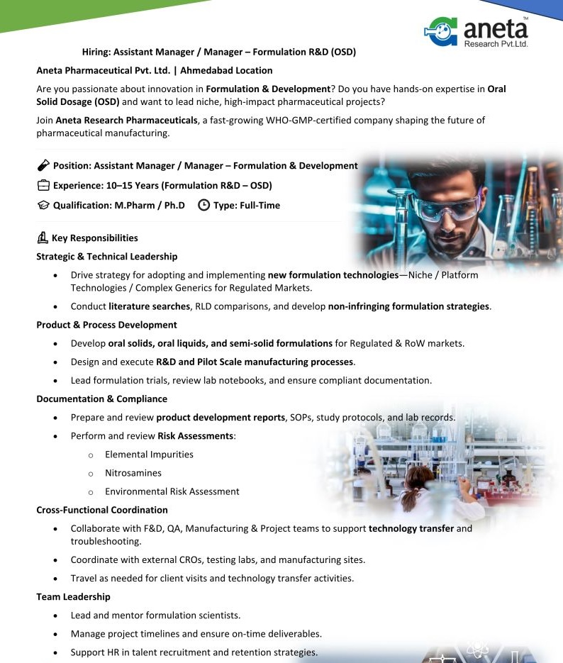 Aneta Pharmaceuticals Pvt. Ltd – Hiring for Assistant Manager / Manager (Formulation R&D – OSD) ||