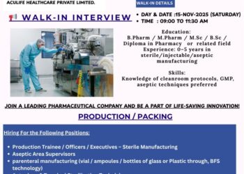 Aculife Healthcare Pvt. Ltd. – Walk-In Interview for Production & Packing (Freshers) on 15th November 2025