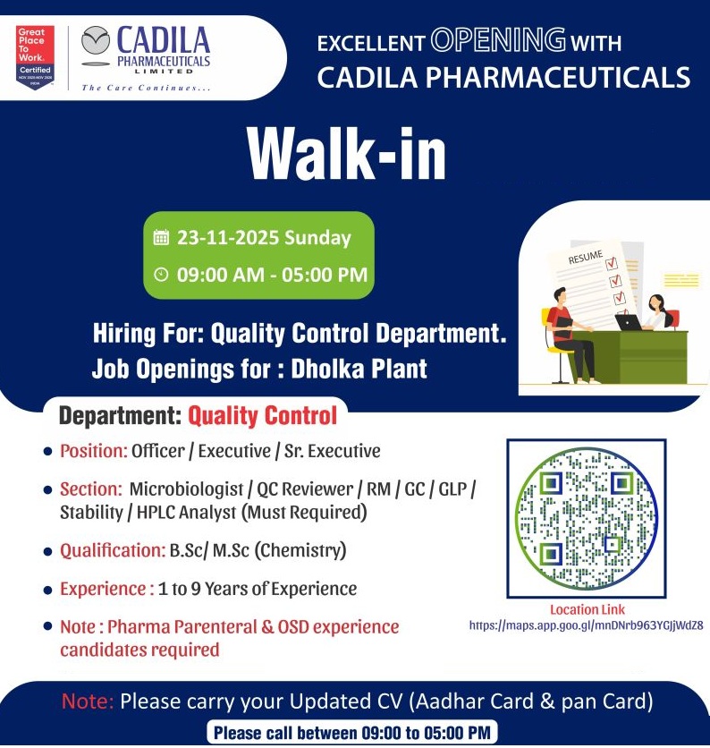 Cadila Pharmaceuticals – Walk-In Interview for Quality Control Department on 23 November 2025
