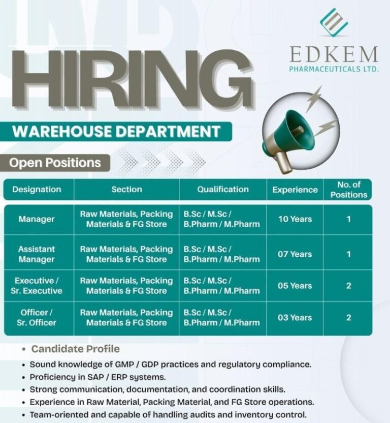 Edkem Pharmaceuticals Ltd. – Hiring for Warehouse Department |