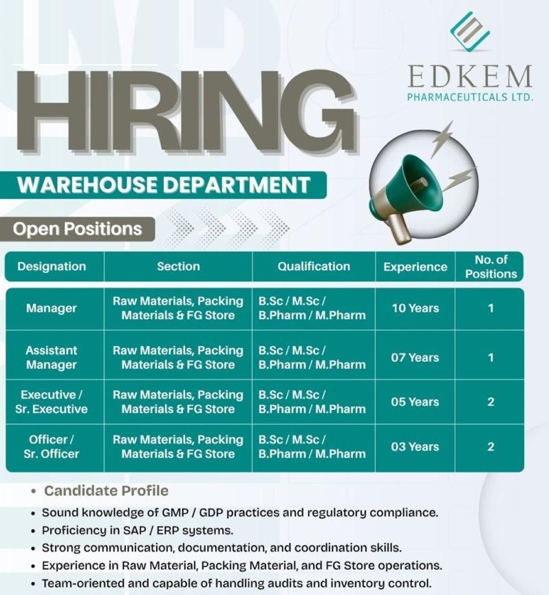 Edkem Pharmaceuticals Ltd. – Hiring for Warehouse Department |