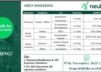 Neuland Laboratories Limited – Walk-In Interview for Multiple Departments on 7th November 2025