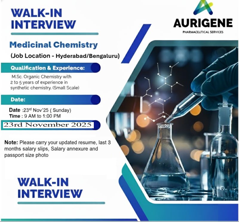 Aurigene Pharmaceutical – Walk-In Interview for Medicinal Chemistry on 23rd November 2025