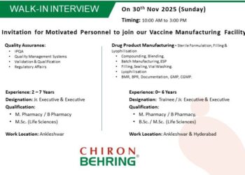 Chiron Behring – Walk-In Interview for Vaccine Manufacturing Facility on 30th November 2025
