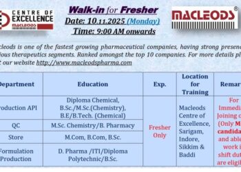 Macleods Pharmaceuticals Ltd – Walk-In Interview for Freshers on 10th November 2025