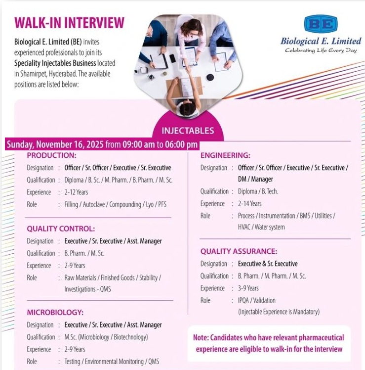 Biological E. Limited – Walk-In Interview on 16th November 2025