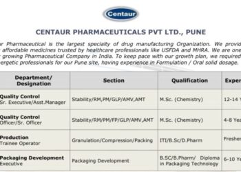 Centaur Pharmaceuticals Pvt Ltd, Pune – Multiple Openings (QC / Production / Packaging Development) |