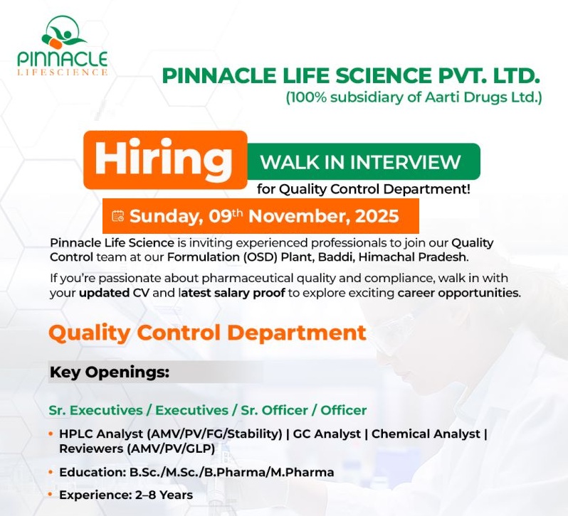 Pinnacle Life Science Pvt. Ltd. – Walk-In Interview for Quality Control Department on 09th November 2025