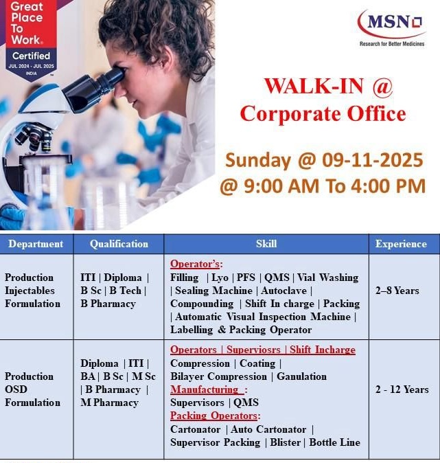 MSN Laboratories Pvt. Ltd. – Walk-In Interview for Production Departments on 9th November 2025