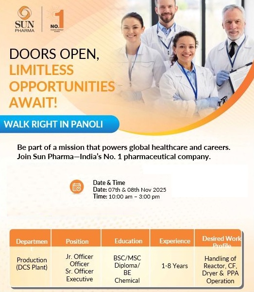 Sun Pharmaceutical Industries Ltd – Walk-In Interview on 7th & 8th November 2025