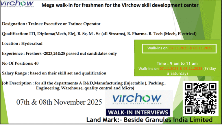 Virchow Biotech Pvt. Ltd – Mega Walk-In Drive for Freshers on 07th & 08th November 2025