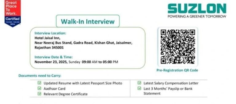 Suzlon – Walk-In Interview for Multiple Positions on 23 November 2025