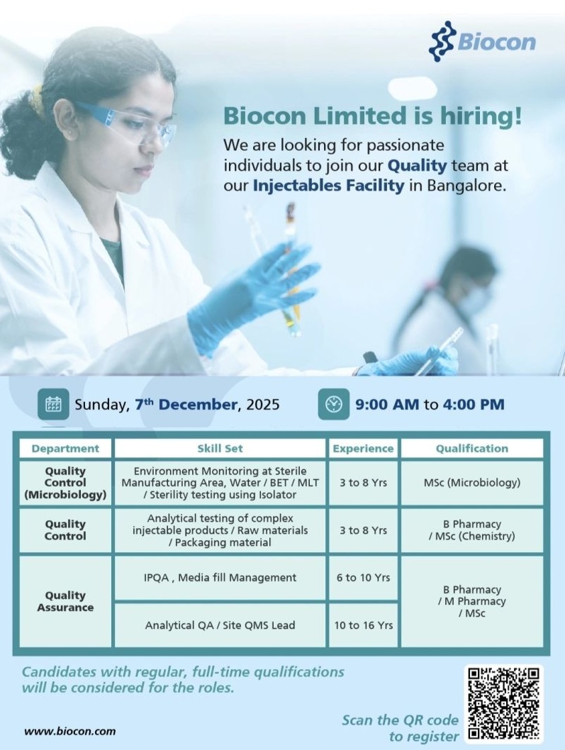 Biocon Limited – Walk-In Interview for Quality Positions (Injectables Facility) on 7th December 2025