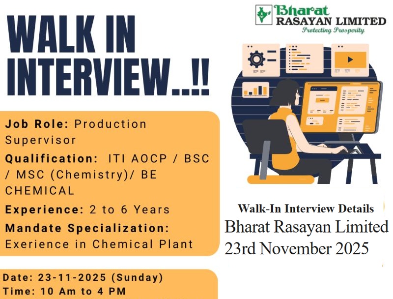 Bharat Rasayan Limited – Walk-In Interview for Production Supervisor on 23rd November 2025