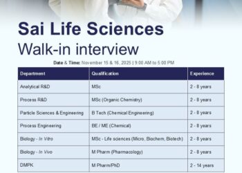 Sai Life Sciences Ltd. – Walk-In Interview for Multiple Departments on 15th & 16th November 2025