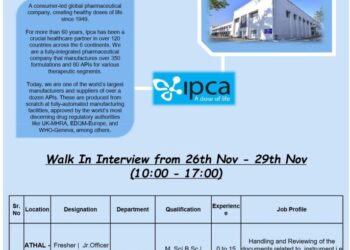 Ipca Laboratories Ltd – Walk-In Interview for Quality Control on 26th & 29th November 2025