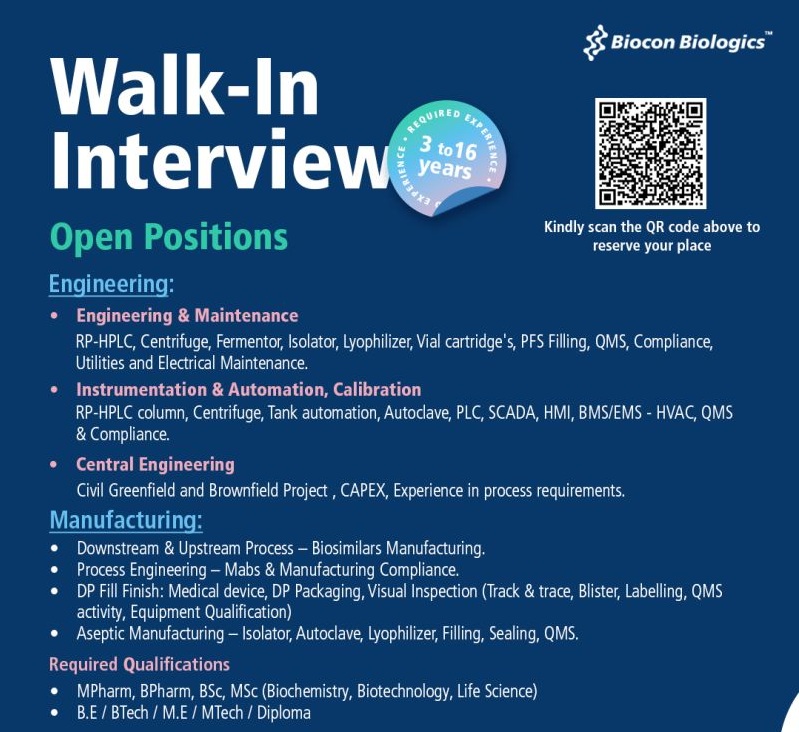 Biocon Biologics – Walk-In Interview for Engineering and Manufacturing Departments on 9th November 2025