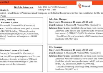 Piramal Pharma Limited – Walk-In Interview for QA & QC on 15th November 2025