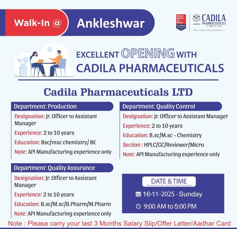Cadila Pharmaceuticals Ltd – Walk-In Interview on 16th November 2025